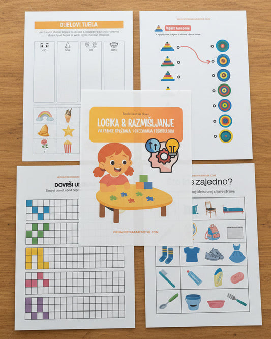 Educational worksheets with colorful graphics and text on a dark background