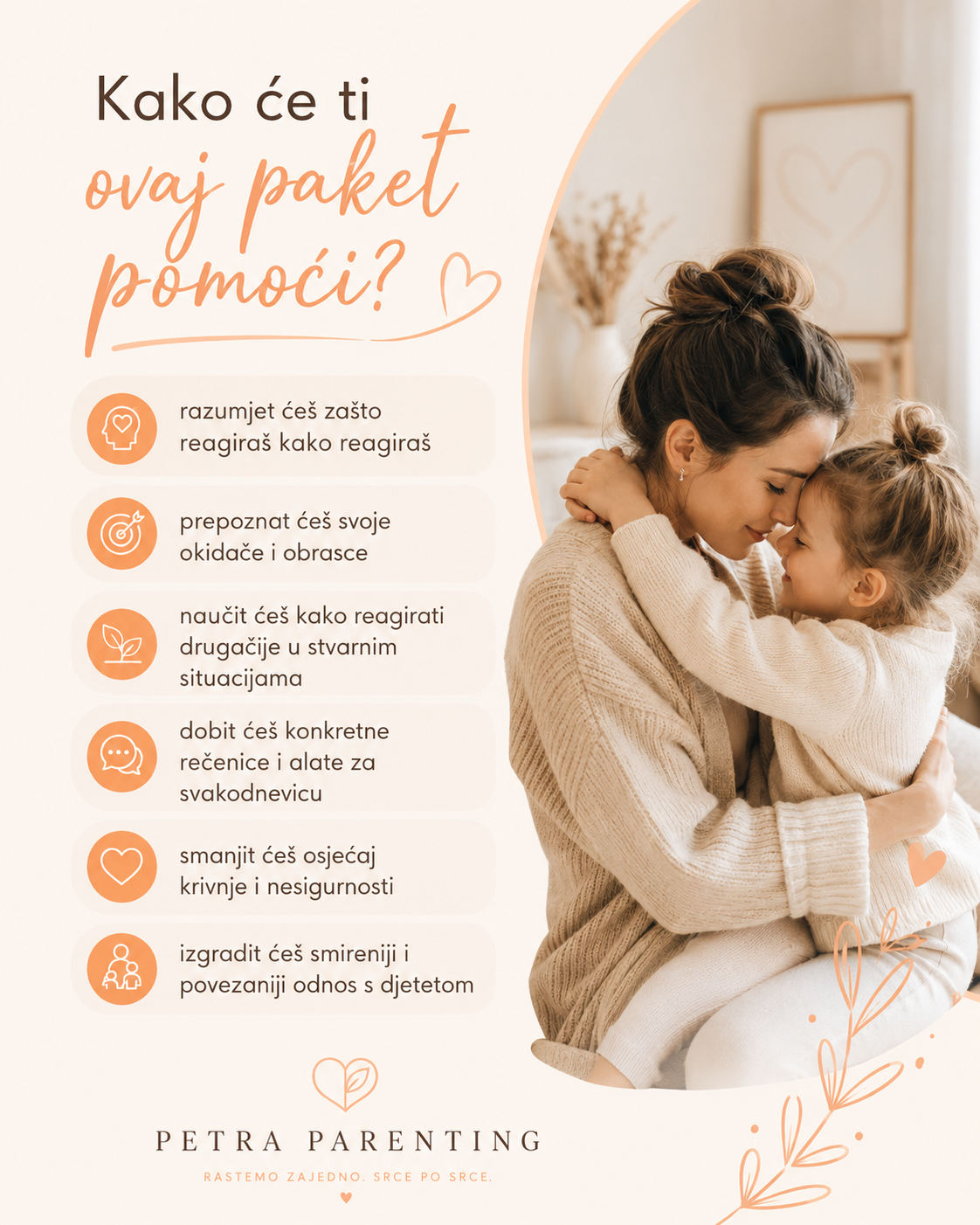 Woman and child embracing with text about emotional intelligence and parenting support, branded 'Petra Parenting'.