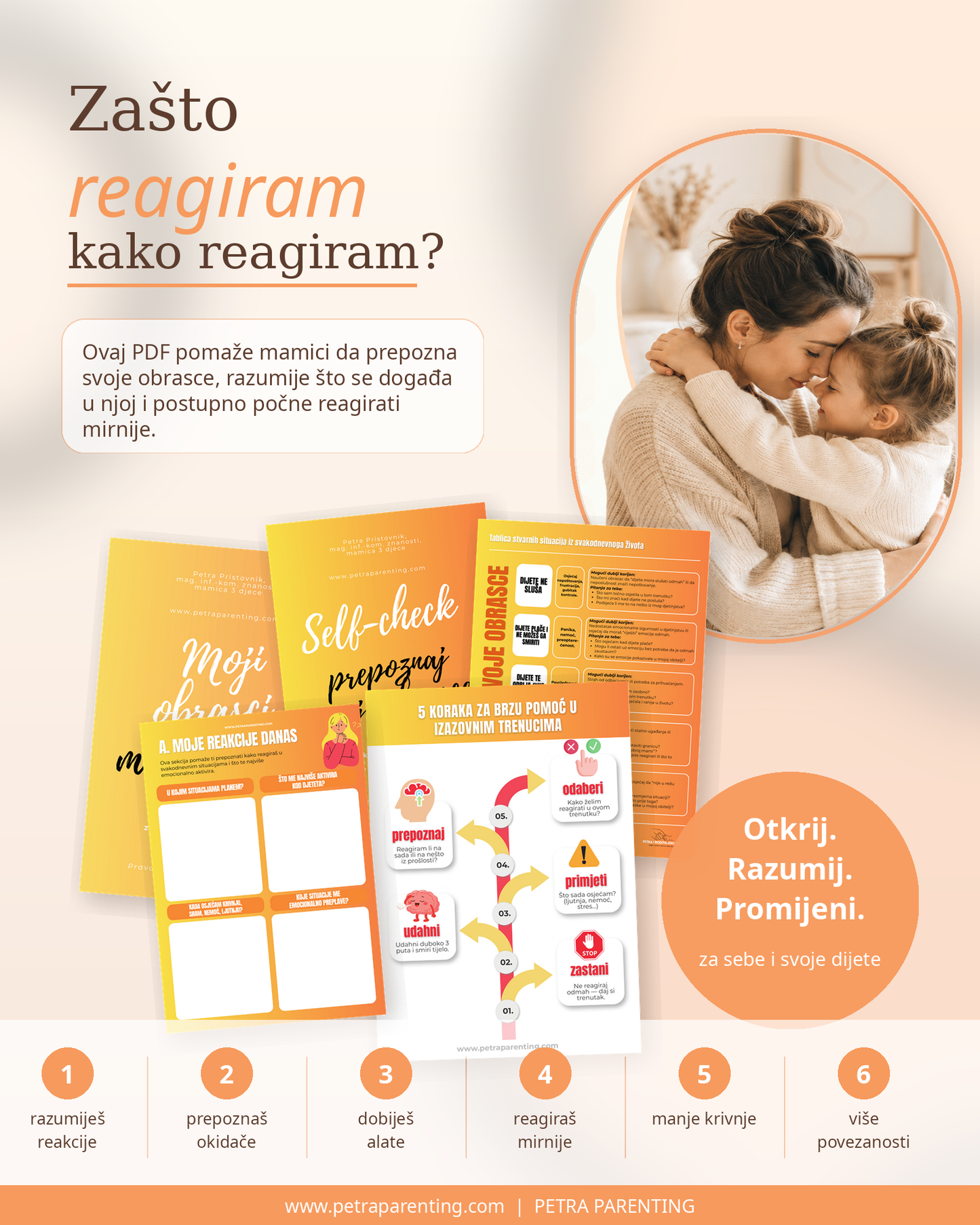 Promotional material for a parenting resource with text and images of a woman and child, featuring the brand 'Petra Parenting'.